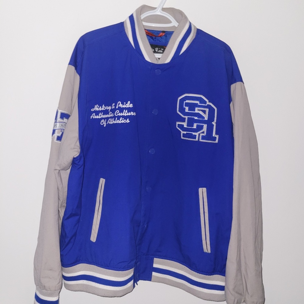 Smoke Rise Varsity Jacket Men's Size 2XL History Pride Blue White Patches